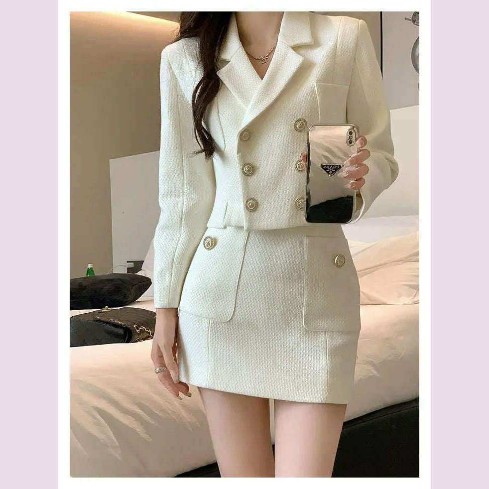 KIMLUD, 2023 Retro Double Breasted Short Women Blazer + High Waist Sexy Mini Skirt Set High Quality Autumn Long Sleeve 2 Pieces Set, KIMLUD Womens Clothes