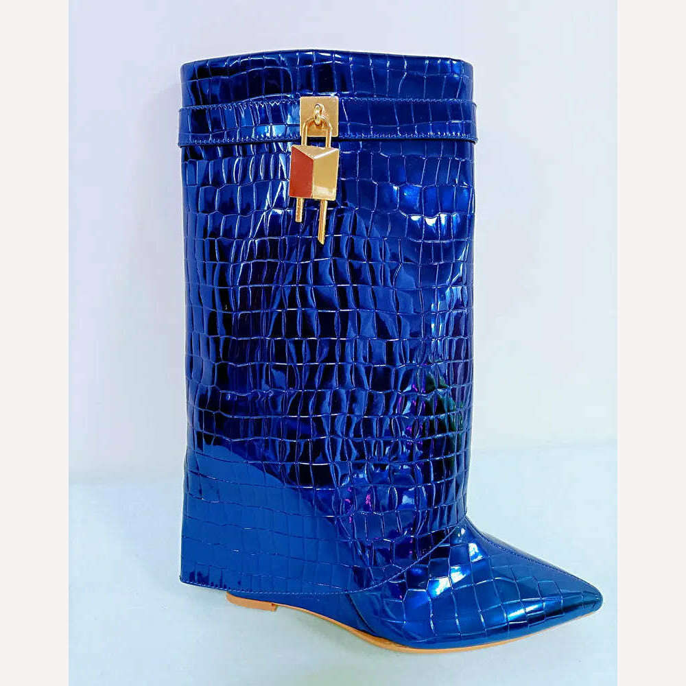 KIMLUD, 2023 Sequined Women Boots Autumn Winter Fashion Wedges High Heel Calf Boots Western Cowboy Women's Boots Plus Size Shoes, Blue(AE存量)**** / 5, KIMLUD Womens Clothes