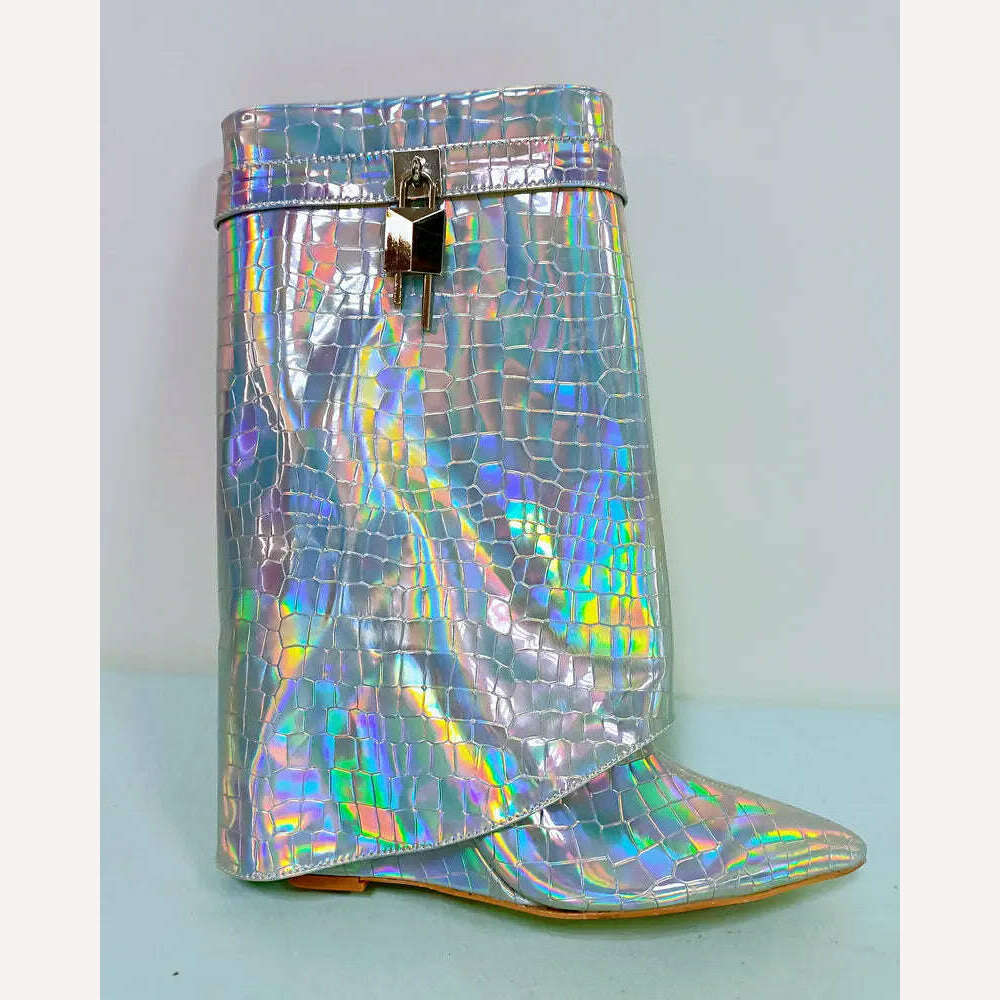 KIMLUD, 2023 Sequined Women Boots Autumn Winter Fashion Wedges High Heel Calf Boots Western Cowboy Women's Boots Plus Size Shoes, Silver(AE存量)* / 5, KIMLUD Womens Clothes