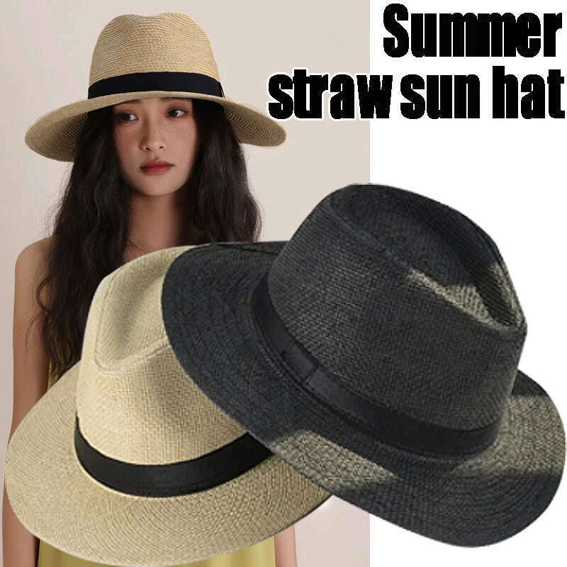 2023 Summer Sunscreen Straw Sun Hat Beach Vacation Panama Handwoven Straw Caps Men Women Casual Sunshade Gangster Cap Bucket Hat - KIMLUD