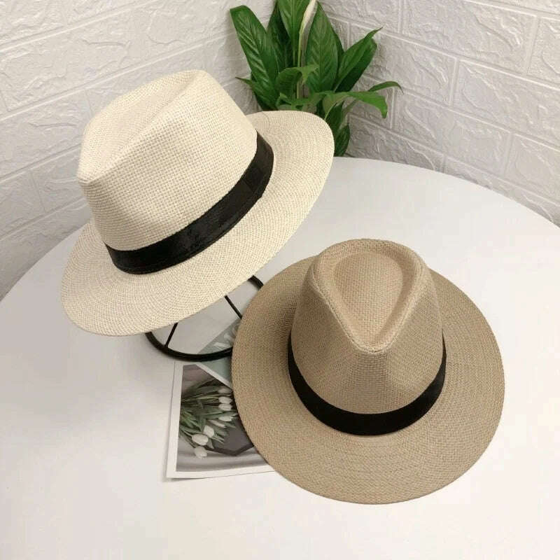 KIMLUD, 2023 Summer Sunscreen Straw Sun Hat Beach Vacation Panama Handwoven Straw Caps Men Women Casual Sunshade Gangster Cap Bucket Hat, KIMLUD Womens Clothes