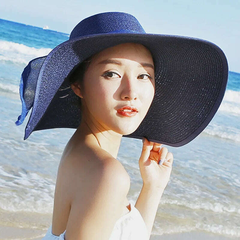 2023 Summer Women Straw Hat Bowknot Wide Brim Floppy Panama Hats Female Lady Outdoor Foldable Beach Sun Cap Uv Protection Hats - KIMLUD