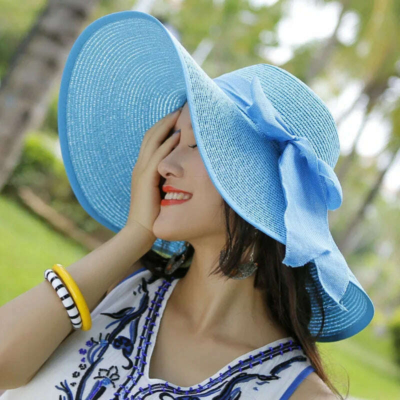 2023 Summer Women Straw Hat Bowknot Wide Brim Floppy Panama Hats Female Lady Outdoor Foldable Beach Sun Cap Uv Protection Hats - KIMLUD