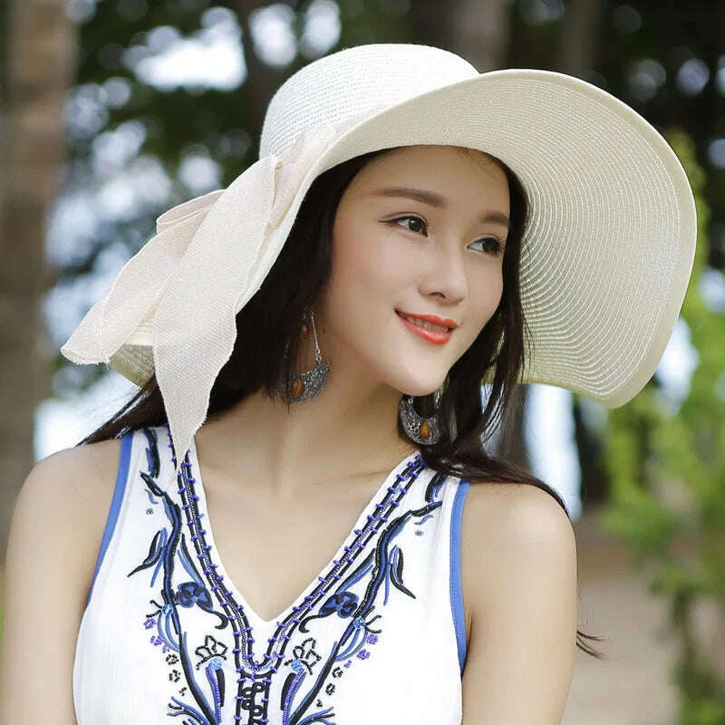 2023 Summer Women Straw Hat Bowknot Wide Brim Floppy Panama Hats Female Lady Outdoor Foldable Beach Sun Cap Uv Protection Hats - KIMLUD