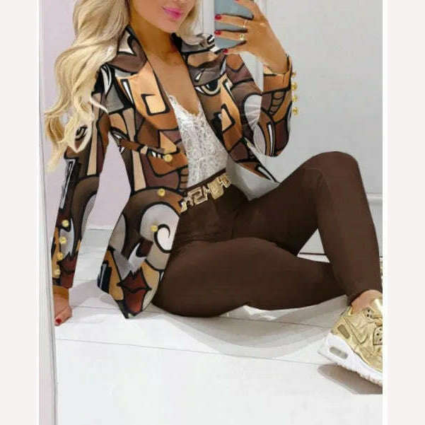 KIMLUD, 2023 Two Piece Set Women Formal Office Tracksuits For Ladies Outfits Lapel Collar Double Breasted Blazer Suit Pants Set Female, Coffee Printed 3 / S, KIMLUD Womens Clothes