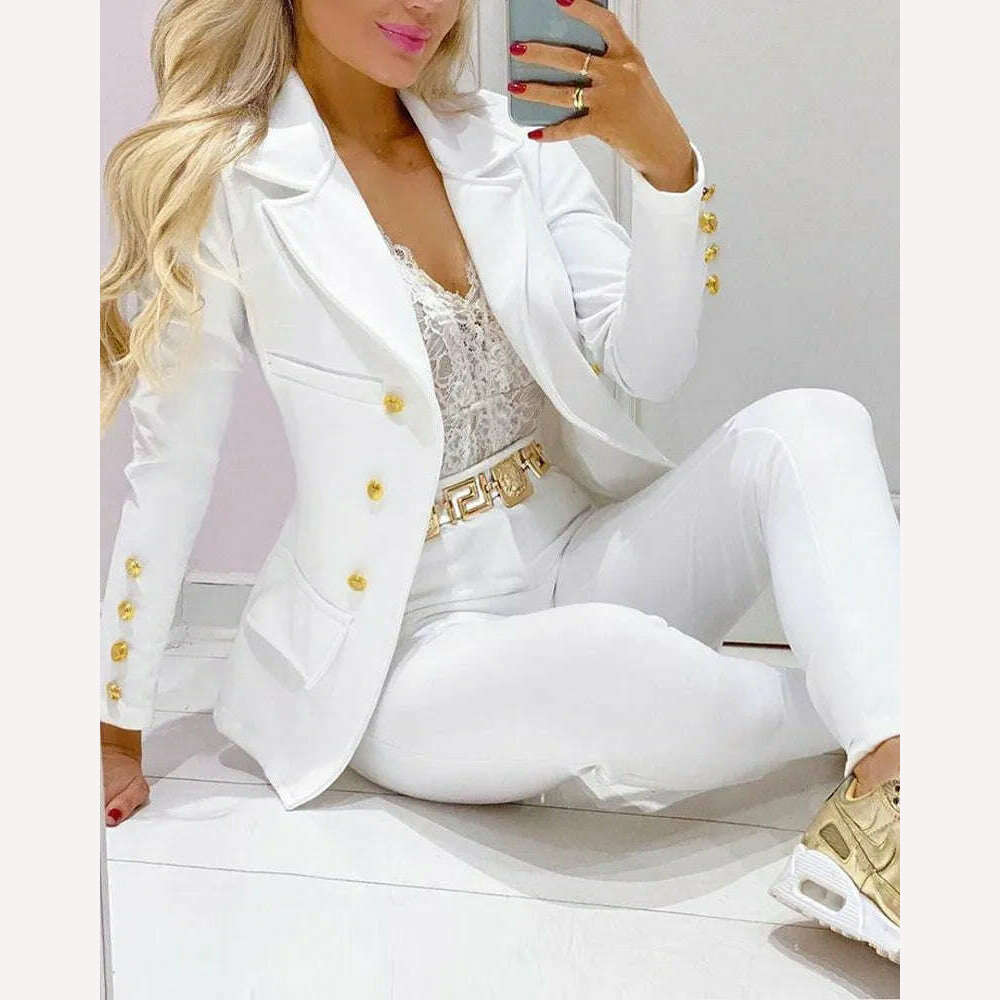 KIMLUD, 2023 Two Piece Set Women Formal Office Tracksuits For Ladies Outfits Lapel Collar Double Breasted Blazer Suit Pants Set Female, White 1 / S, KIMLUD Womens Clothes