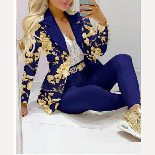 KIMLUD, 2023 Two Piece Set Women Formal Office Tracksuits For Ladies Outfits Lapel Collar Double Breasted Blazer Suit Pants Set Female, Blue Flower Print 3 / S, KIMLUD Womens Clothes