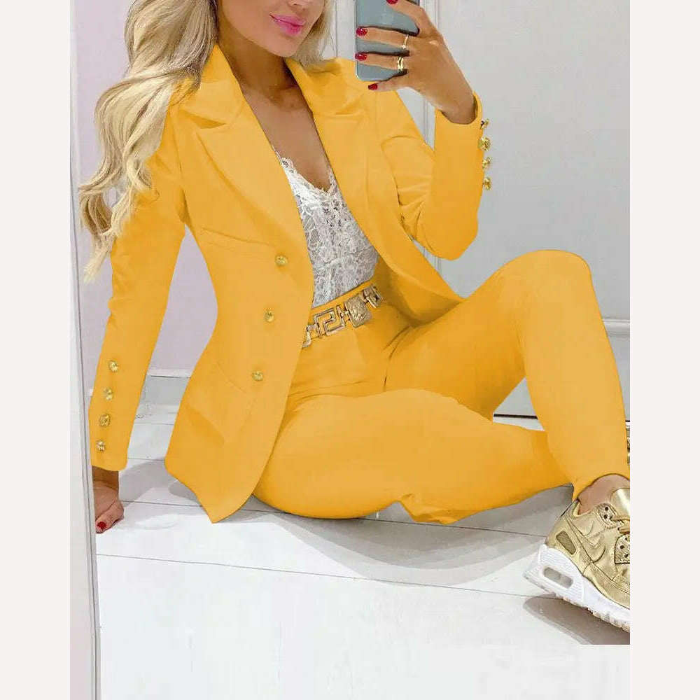 KIMLUD, 2023 Two Piece Set Women Formal Office Tracksuits For Ladies Outfits Lapel Collar Double Breasted Blazer Suit Pants Set Female, Yellow 1 / S, KIMLUD Womens Clothes