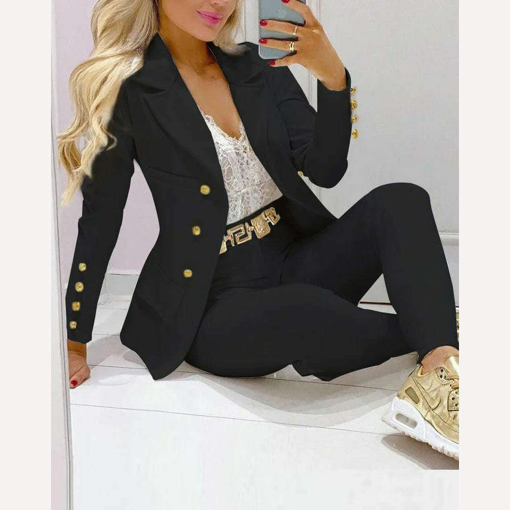 KIMLUD, 2023 Two Piece Set Women Formal Office Tracksuits For Ladies Outfits Lapel Collar Double Breasted Blazer Suit Pants Set Female, Black 1 / S, KIMLUD Womens Clothes