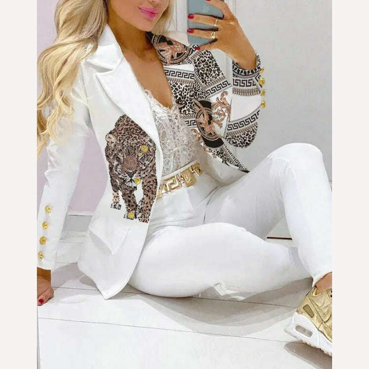 KIMLUD, 2023 Two Piece Set Women Formal Office Tracksuits For Ladies Outfits Lapel Collar Double Breasted Blazer Suit Pants Set Female, White Printed 3 / S, KIMLUD Womens Clothes