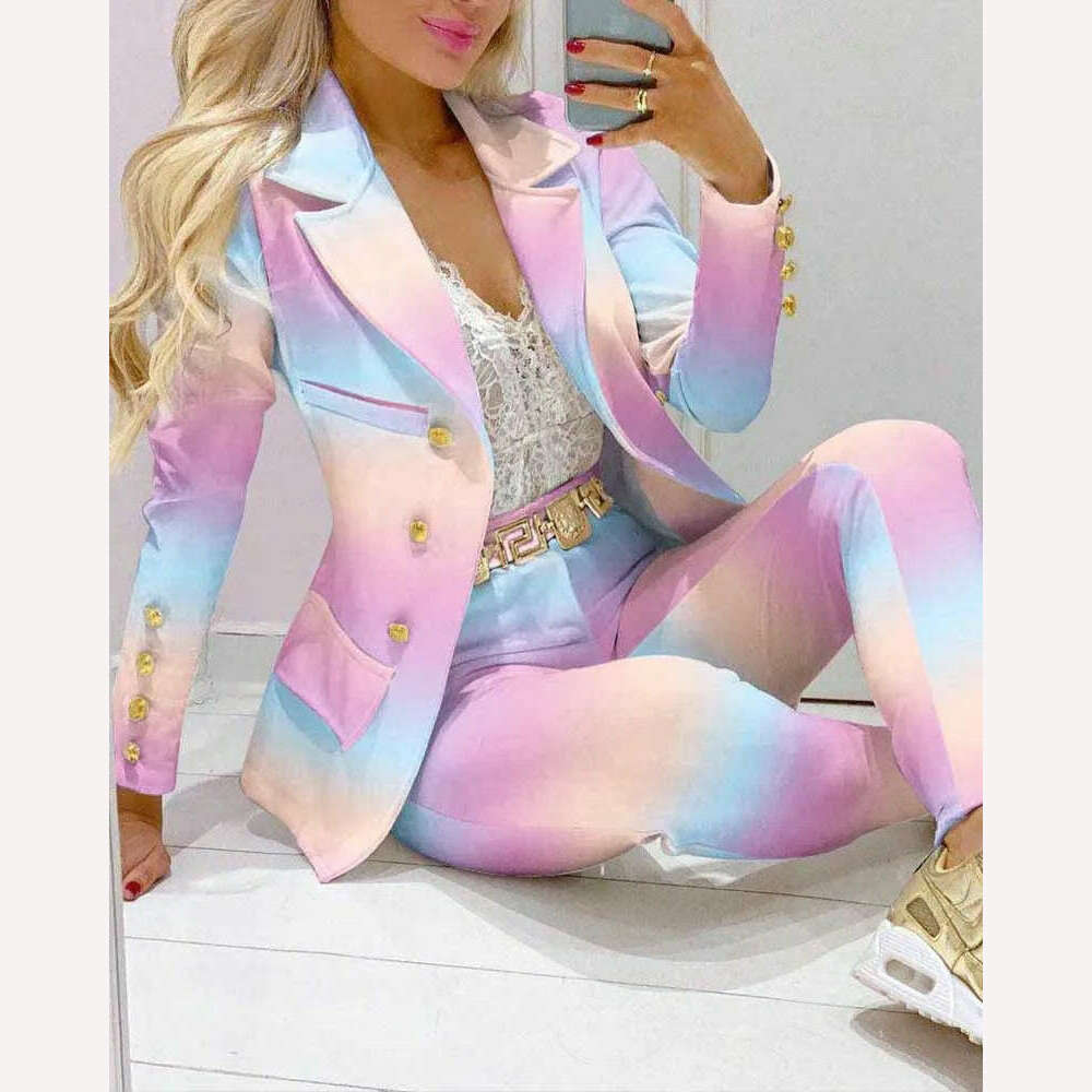 KIMLUD, 2023 Two Piece Set Women Formal Office Tracksuits For Ladies Outfits Lapel Collar Double Breasted Blazer Suit Pants Set Female, Colorful Printed 2 / S, KIMLUD Womens Clothes