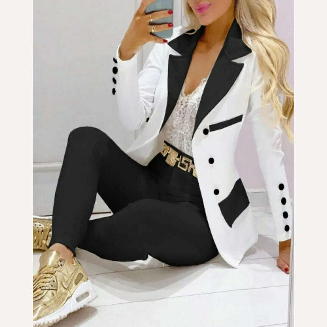 KIMLUD, 2023 Two Piece Set Women Formal Office Tracksuits For Ladies Outfits Lapel Collar Double Breasted Blazer Suit Pants Set Female, KIMLUD Womens Clothes