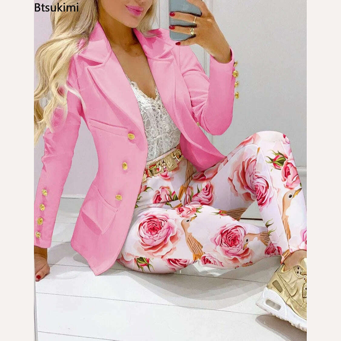 KIMLUD, 2023 Two Piece Set Women Formal Office Tracksuits For Ladies Outfits Lapel Collar Double Breasted Blazer Suit Pants Set Female, KIMLUD Womens Clothes