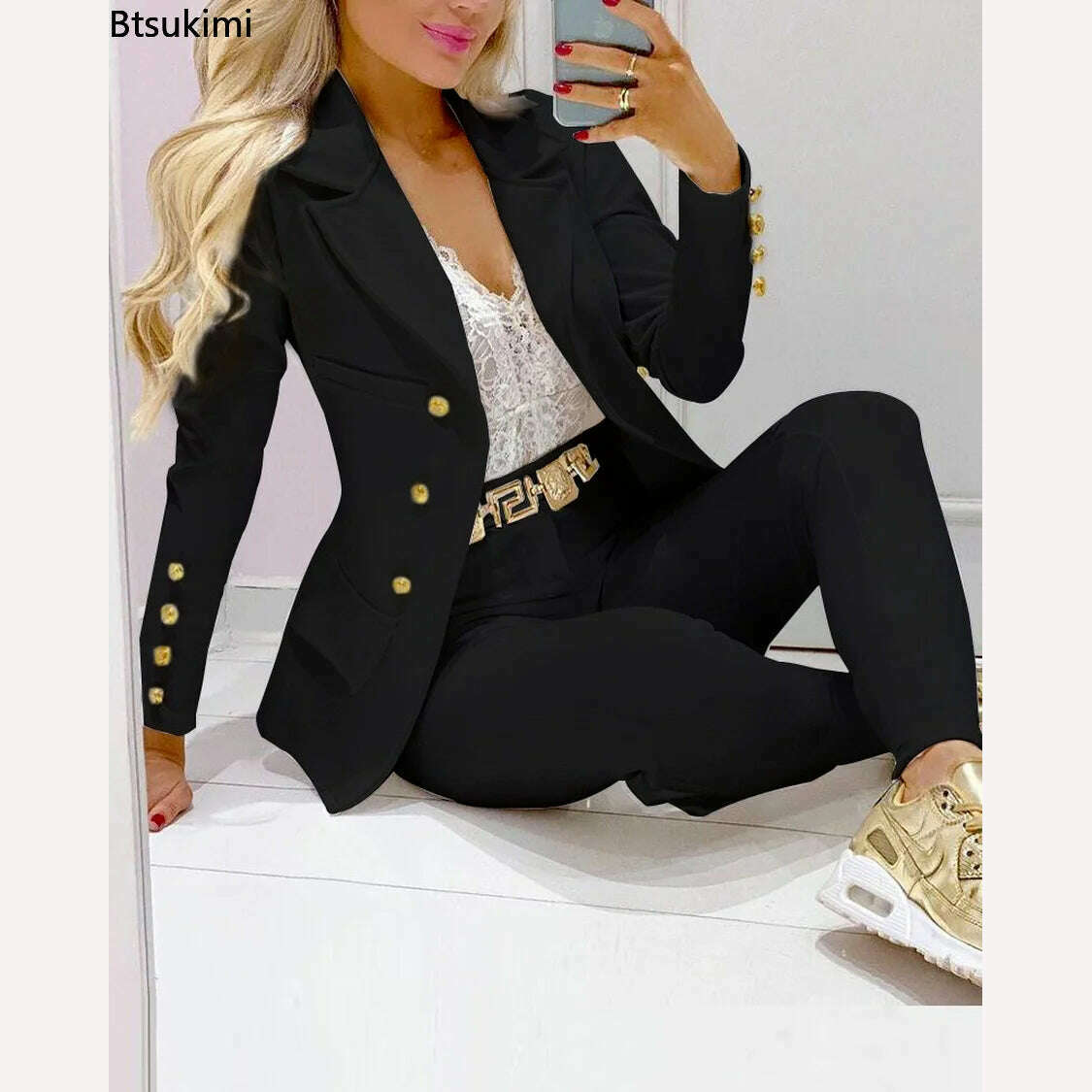 KIMLUD, 2023 Two Piece Set Women Formal Office Tracksuits For Ladies Outfits Lapel Collar Double Breasted Blazer Suit Pants Set Female, KIMLUD Womens Clothes