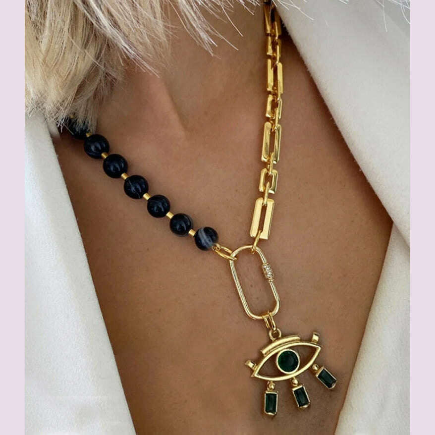 KIMLUD, 2023 women bohemian collier creative natural stone round tube necklace evil eye metal heart pendant charm necklaces for women, necklace 7, KIMLUD APPAREL - Womens Clothes