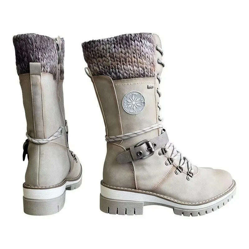 KIMLUD, 2023 Women Winter Buckle Lace Knitted Mid-calf Boots Low Heel Round Toe Boots Top Quality Winter Warm Boots Women Botas De Mujer, GRAY / 35, KIMLUD APPAREL - Womens Clothes