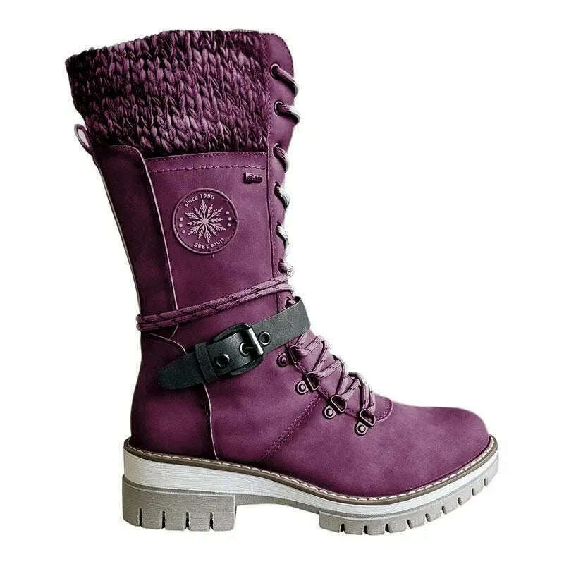 KIMLUD, 2023 Women Winter Buckle Lace Knitted Mid-calf Boots Low Heel Round Toe Boots Top Quality Winter Warm Boots Women Botas De Mujer, PURPLE / 36, KIMLUD APPAREL - Womens Clothes