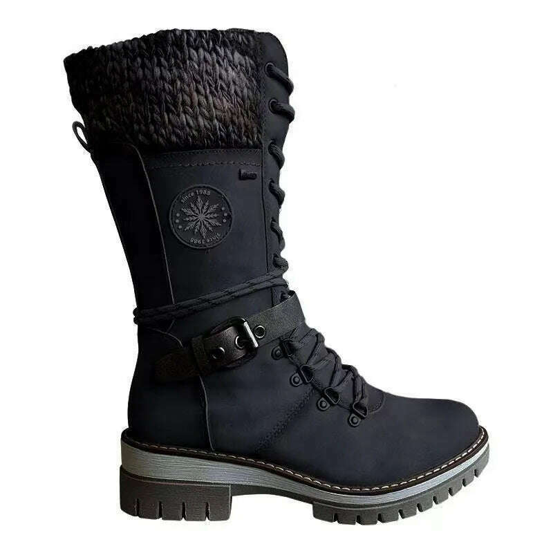 KIMLUD, 2023 Women Winter Buckle Lace Knitted Mid-calf Boots Low Heel Round Toe Boots Top Quality Winter Warm Boots Women Botas De Mujer, black / 36, KIMLUD APPAREL - Womens Clothes