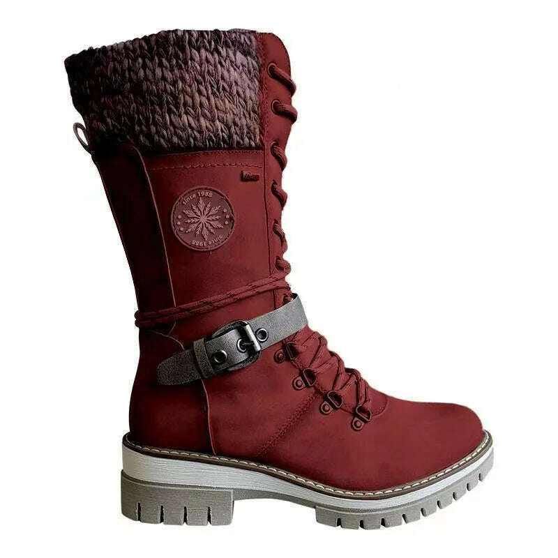 KIMLUD, 2023 Women Winter Buckle Lace Knitted Mid-calf Boots Low Heel Round Toe Boots Top Quality Winter Warm Boots Women Botas De Mujer, Red / 38, KIMLUD APPAREL - Womens Clothes