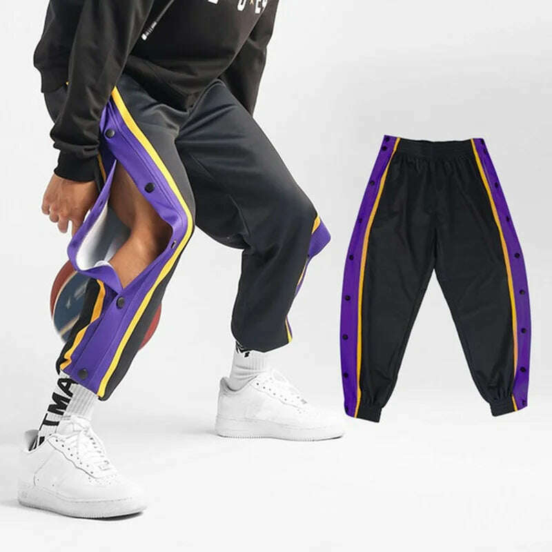 KIMLUD, 2023 Y2K Men's Sports Pants Side Buttons Pants Fully Open Loose Wide Leg Casual Strap Basketball Pants Streetwear Men Clothing, PURPLE / L, KIMLUD APPAREL - Womens Clothes