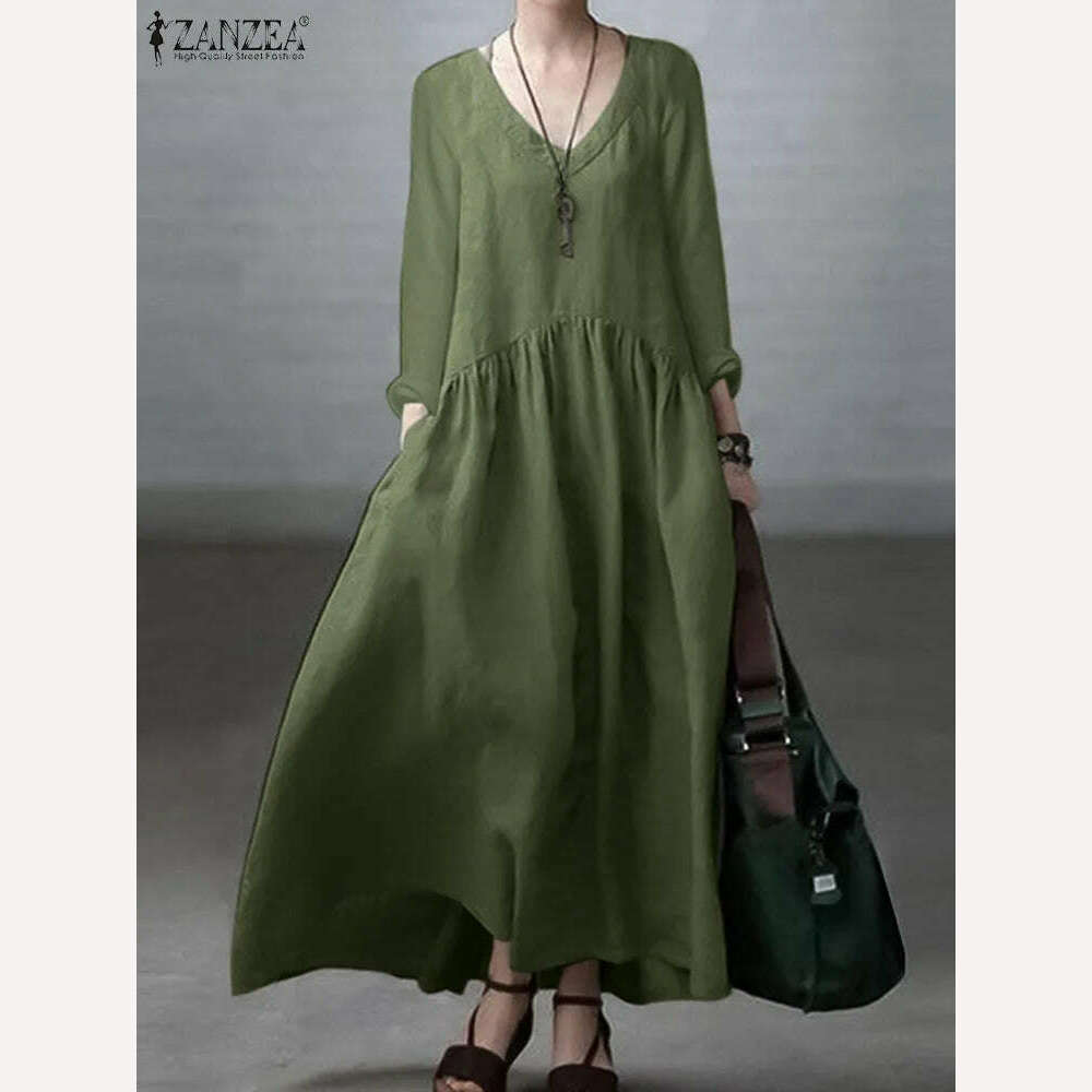 KIMLUD, 2023 ZANZEA Autumn Long Sleeve V-Neck Mid-Calf Length Sundress Women Solid Color Baggy Dress Pure Cotton Holiday Loose Dresses, Dark Green / S, KIMLUD Womens Clothes