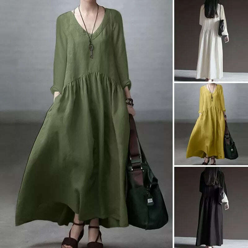 KIMLUD, 2023 ZANZEA Autumn Long Sleeve V-Neck Mid-Calf Length Sundress Women Solid Color Baggy Dress Pure Cotton Holiday Loose Dresses, KIMLUD Womens Clothes