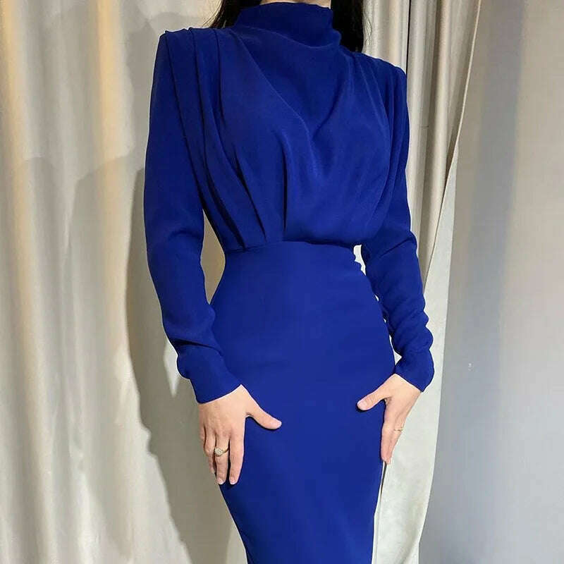 KIMLUD, 2024 Autumn Solid Bodycon Midi Dress Turtleneck Long Sleeve Slim Office Lady Sexy Office Lady Blue Party Dresses For Women Work, KIMLUD Womens Clothes