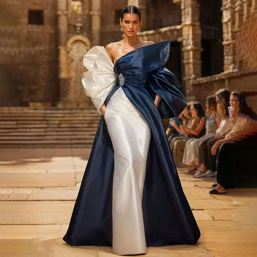 2024 Blue Satin Evening Dress Big Bow Cape with Long Train Elegant Prom Gown Fashion Chic for Women - KIMLUD