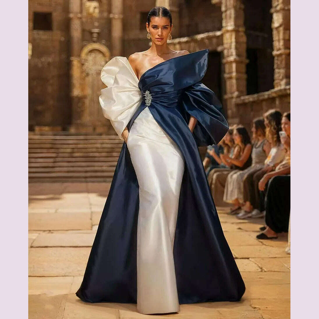 KIMLUD, 2024 Blue Satin Evening Dress Big Bow Cape with Long Train Elegant Prom Gown Fashion Chic for Women, KIMLUD Womens Clothes