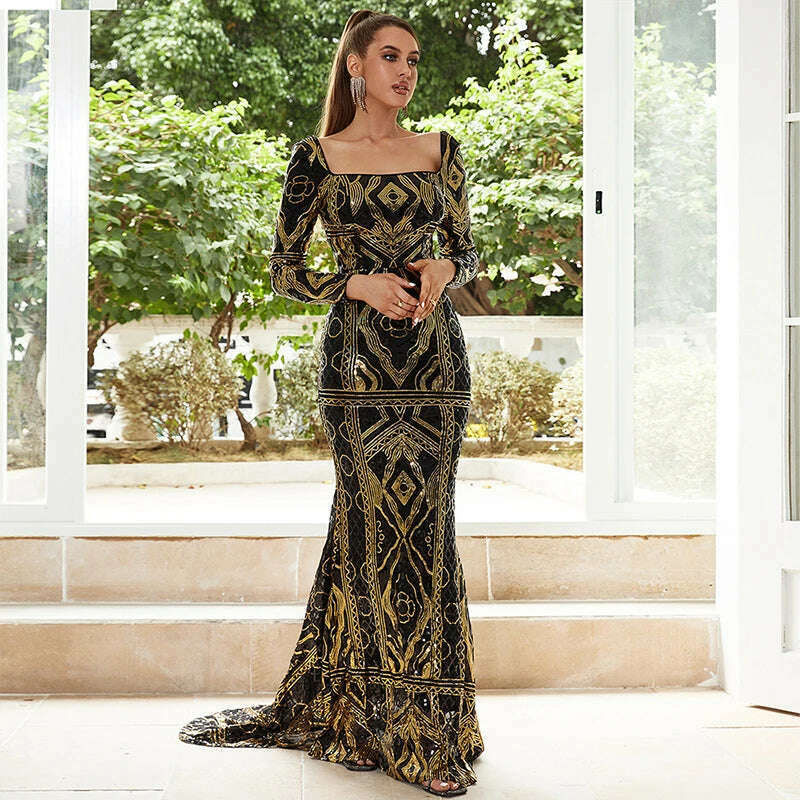 KIMLUD, 2024 Elegant Ladies Vestido De Festa Square Collar Long Sleeve Black Gold Sequined Formal Occasion Evening Party Maxi Dresses, KIMLUD Womens Clothes