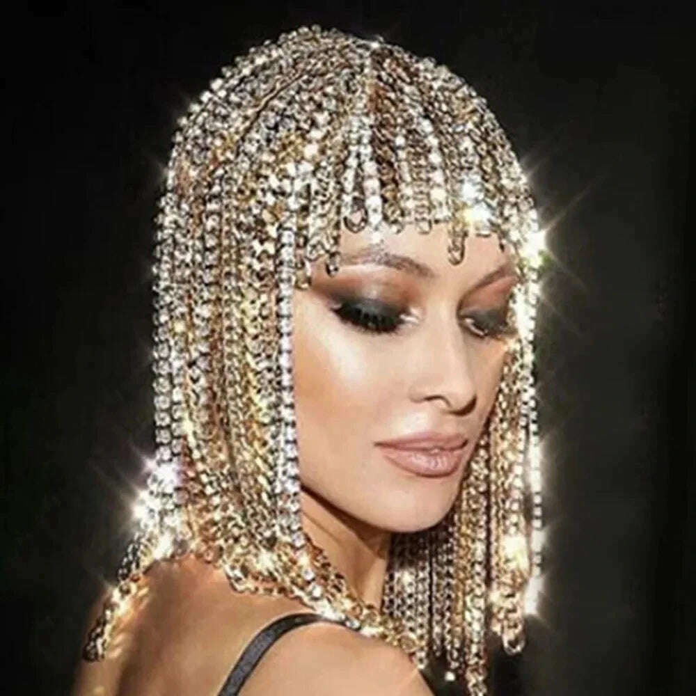 2024 Hip Hop Rhinestone Wig Head Chain Women Men Cuban Link Tassel Headband Chain Headpiece Dance Hair Accessories Party Gift - KIMLUD