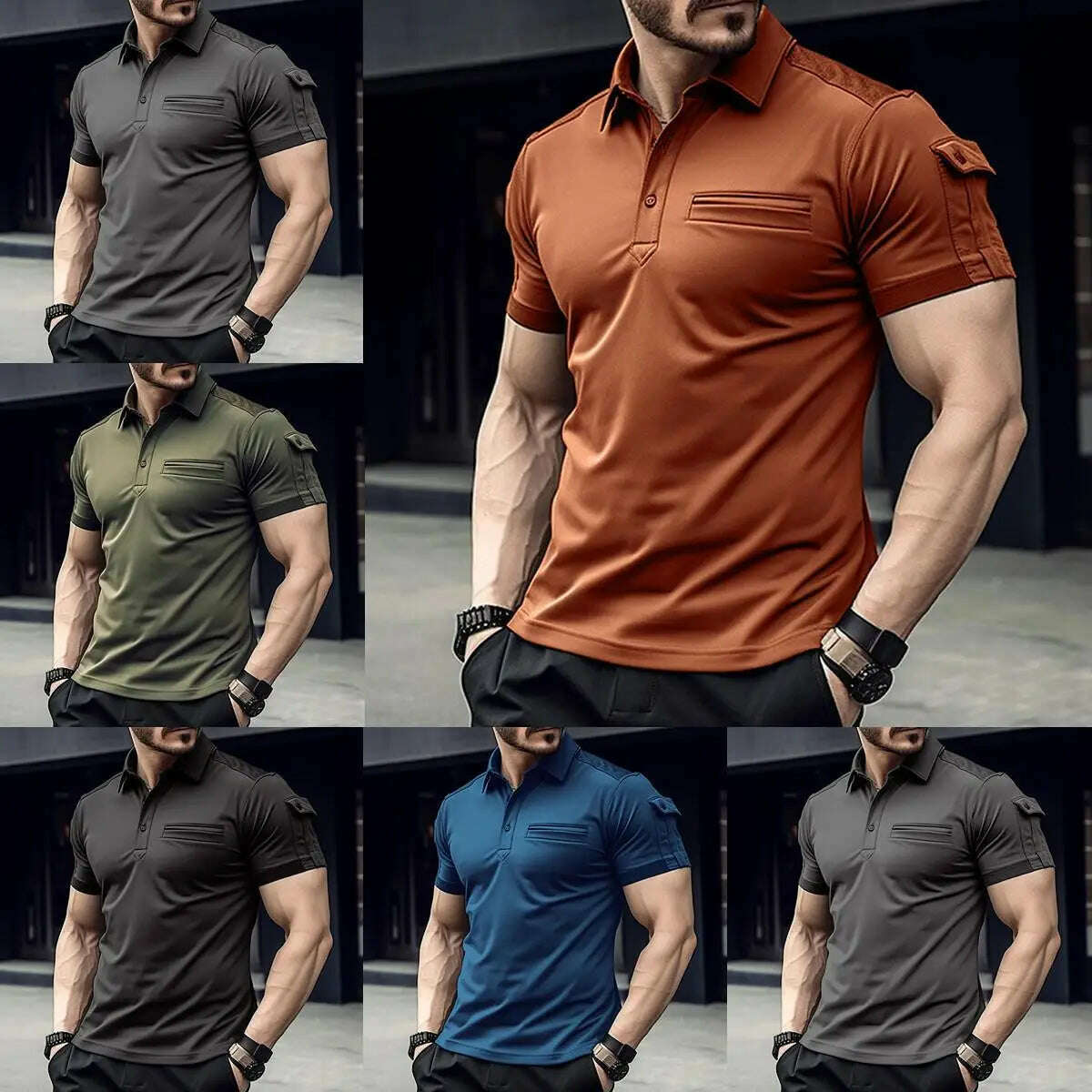 KIMLUD, 2024 Hot Sale Casual Men Summer Solid T-Shirt Lapel Button Short Sleeve Polo Shirts Pocket men's street muscle Sports polo shir, KIMLUD Womens Clothes