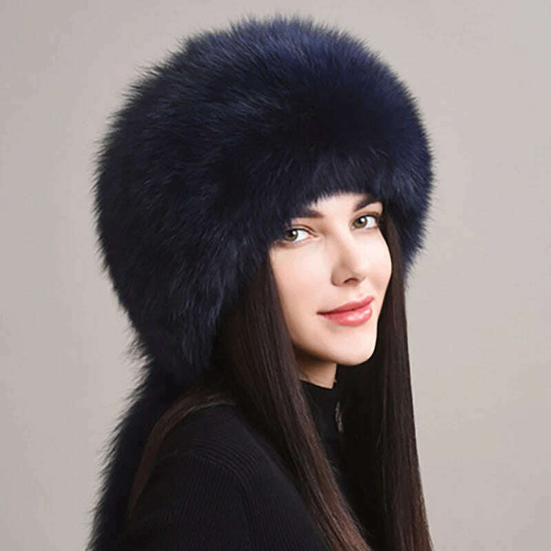 KIMLUD, 2024 Hot Sale Winter Women Fox Fur Hat Fluffy Soviet Female Outdoor Warm Cap Snow Fur Hats 5 tails Real Fox Fur Cold Bomber Hats, dark blue / Suitable everyone, KIMLUD APPAREL - Womens Clothes