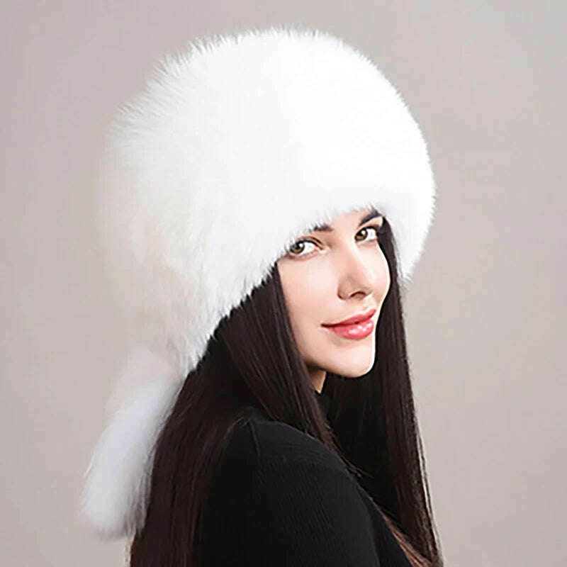 2024 Hot Sale Winter Women Fox Fur Hat Fluffy Soviet Female Outdoor Warm Cap Snow Fur Hats 5 tails Real Fox Fur Cold Bomber Hats - KIMLUD