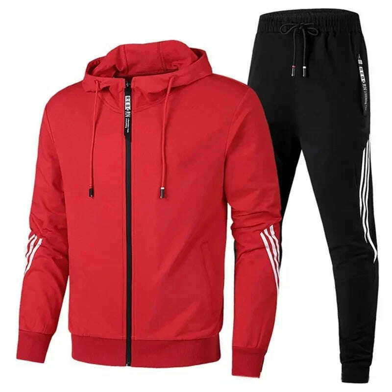 KIMLUD, 2024 Men's Hoodie + Pants Two-piece Set Solid Color Hoodie Jacket Sports Zipper Sportswear Sports Jogging Men's Fitness Clothing, Red / 3XL, KIMLUD Womens Clothes