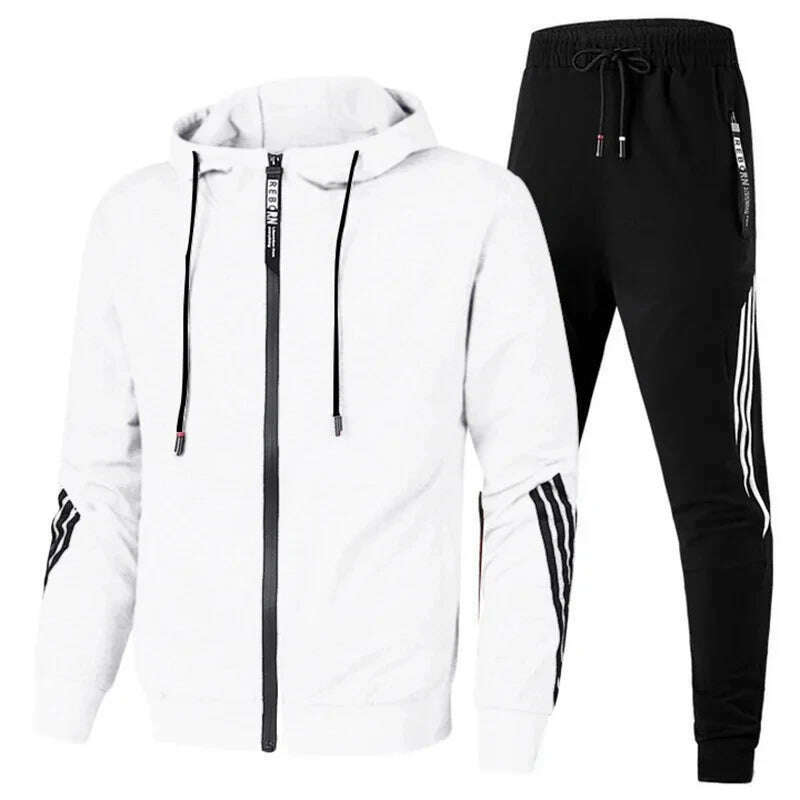 KIMLUD, 2024 Men's Hoodie + Pants Two-piece Set Solid Color Hoodie Jacket Sports Zipper Sportswear Sports Jogging Men's Fitness Clothing, WHITE / XXL, KIMLUD Womens Clothes