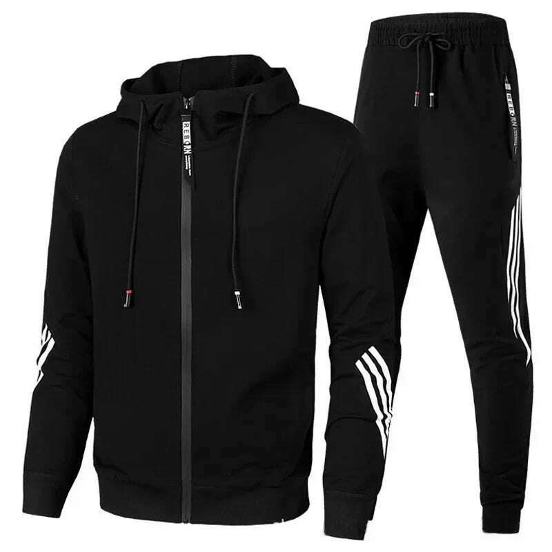 KIMLUD, 2024 Men's Hoodie + Pants Two-piece Set Solid Color Hoodie Jacket Sports Zipper Sportswear Sports Jogging Men's Fitness Clothing, Black / 3XL, KIMLUD Womens Clothes