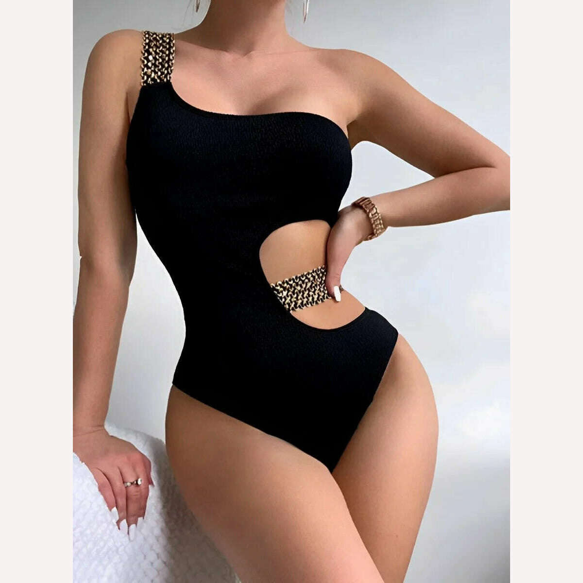 2024 Metal Chain Shoulder Swimsuit Women One Piece Hollow Out Swimwear Female Bodysuit Bathing Swimming Suit Bathers Beachwear - KIMLUD