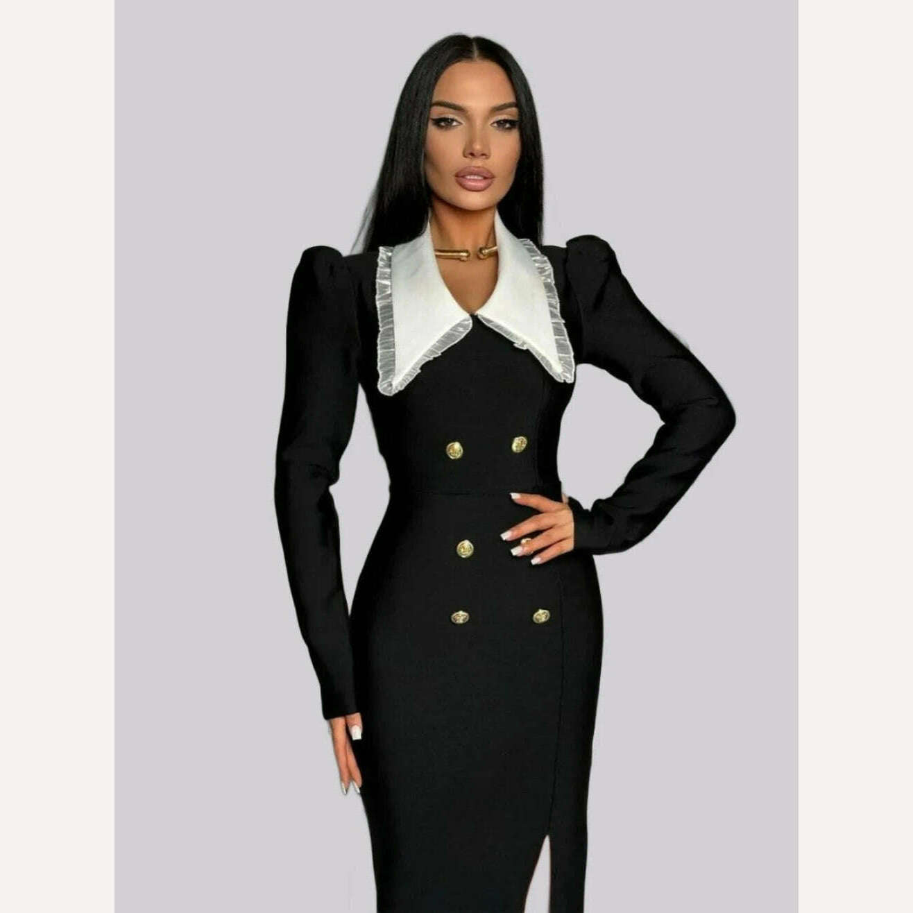 KIMLUD, 2024 New Arrival Golden Buttons White Pater Pan Collar High Slit Black Bandage Long Dress Graceful Woman Evening Party Dress, KIMLUD Womens Clothes