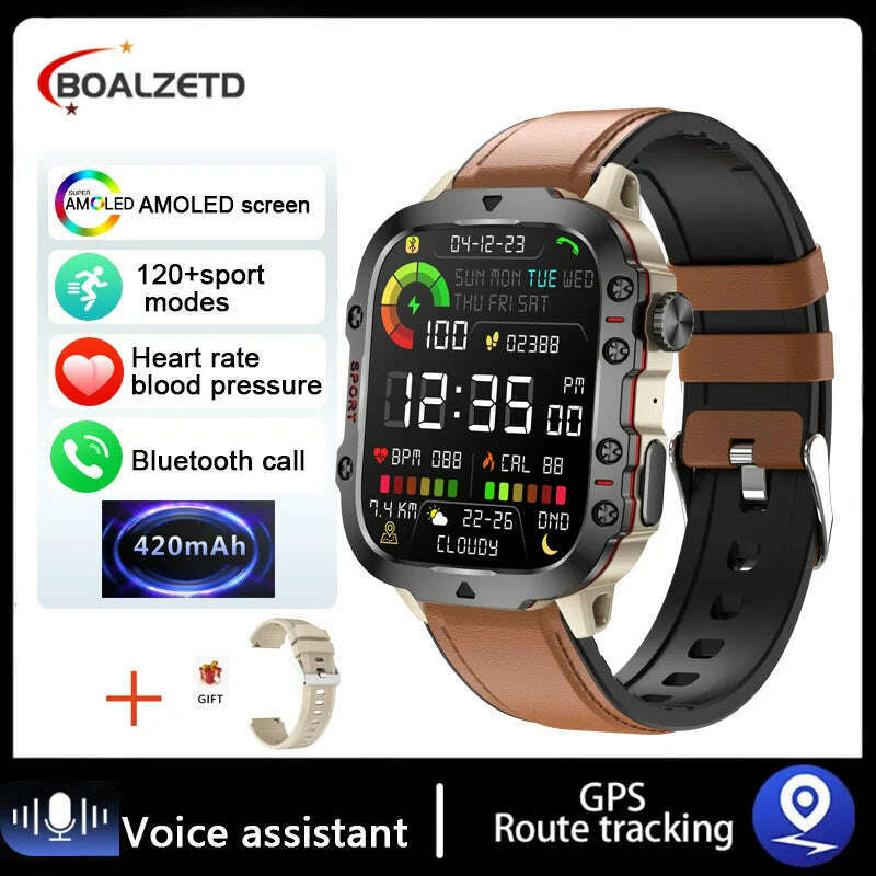 KIMLUD, 2024 New Bluetooth Call Smartwatch Men's Rugged Military Sports Heart Rate 3ATM Waterproof Outdoor Smart Watches For Android IOS, Belt brown / 3ATM Waterproof, KIMLUD Womens Clothes