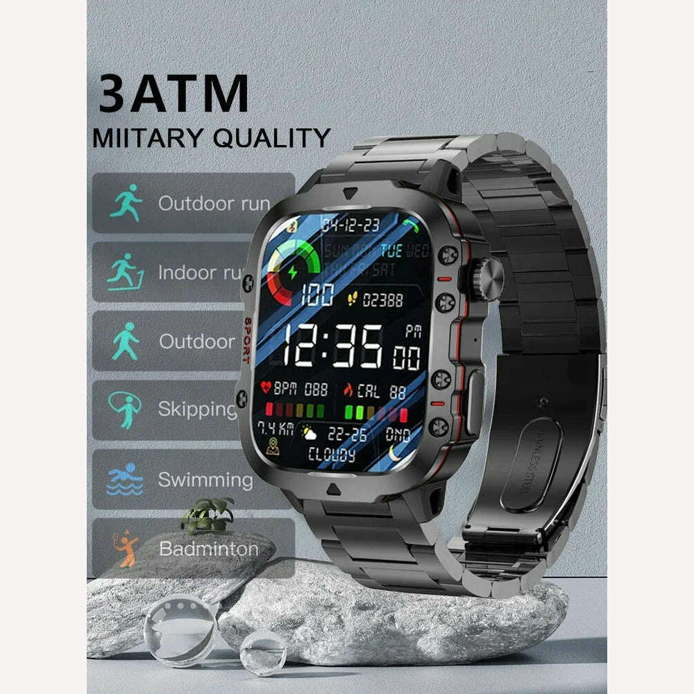 2024 New Bluetooth Call Smartwatch Men's Rugged Military Sports Heart Rate 3ATM Waterproof Outdoor Smart Watches For Android IOS - KIMLUD