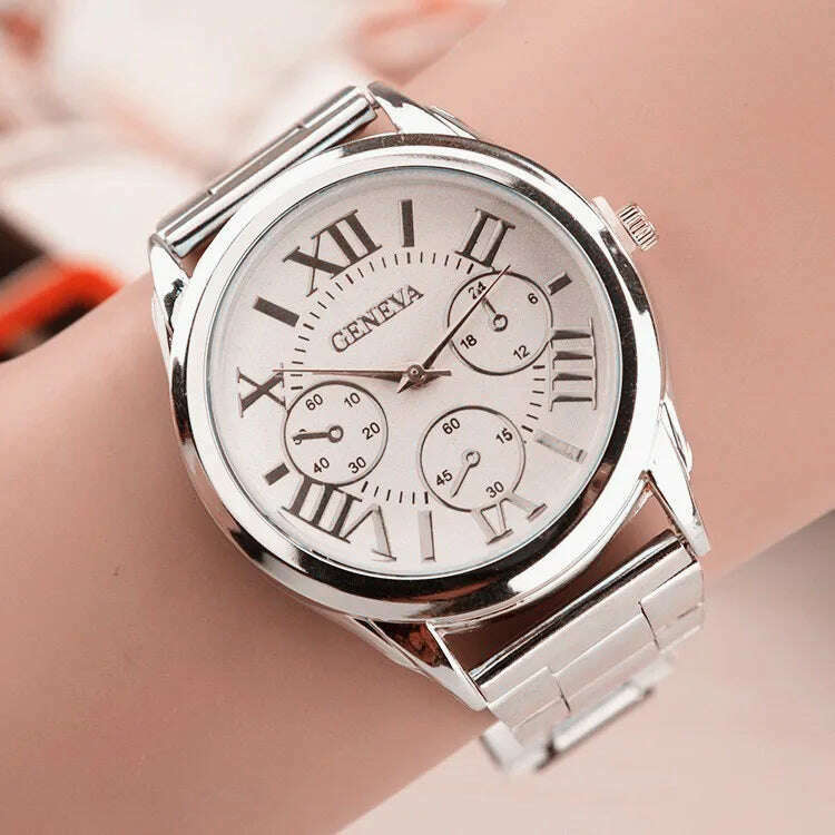 KIMLUD, 2024 New Brand 3 Eyes Gold Geneva Casual Quartz Watch Women Stainless Steel Dress Watches Relogio Feminino Ladies Clock Hot Sale, KIMLUD Womens Clothes