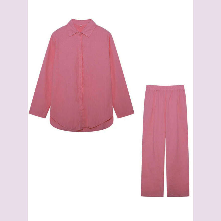 KIMLUD, 2024 New Fashion Lapel Long Sleeve Shirt Autumn Casual Solid Color Pants Wide Leg Suit, Pink / M, KIMLUD APPAREL - Womens Clothes