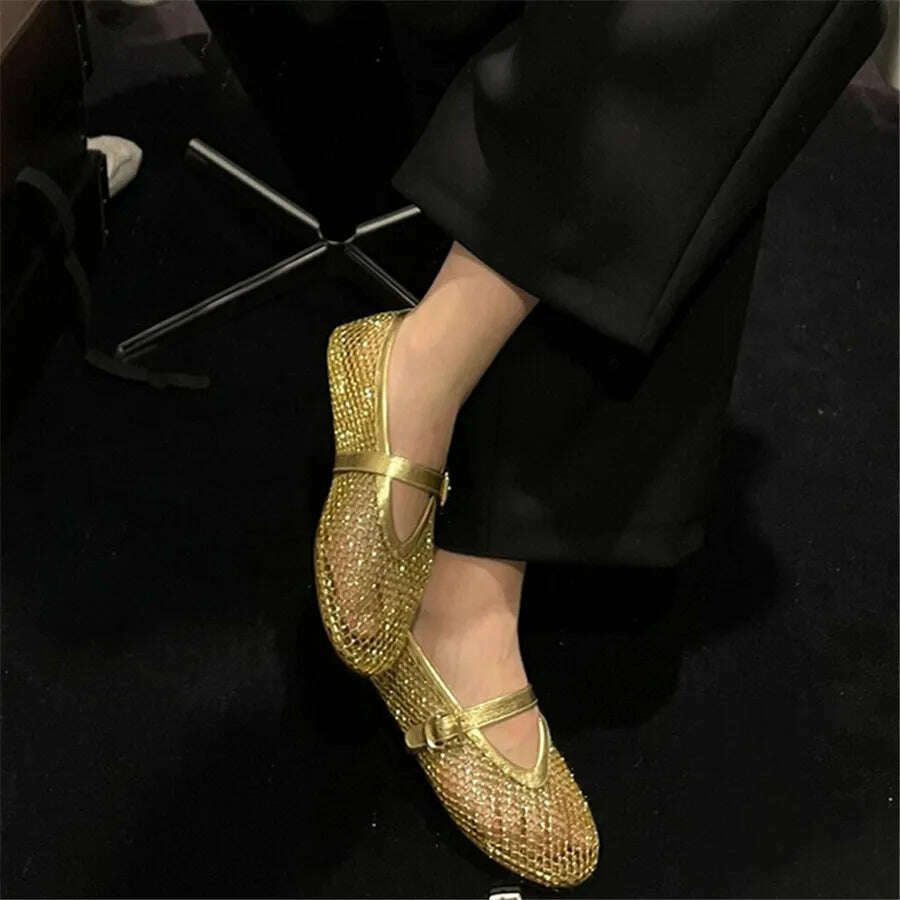 KIMLUD, 2024 New Gold Women Flats Ballet Dance Shoes Hollow Out Mesh Walking Loafers Ladies Mary Janes Strap Espadrilles Summer Sandals, KIMLUD Womens Clothes