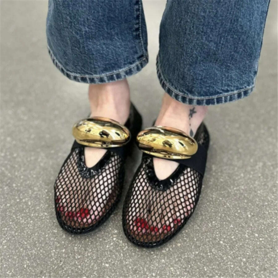 KIMLUD, 2024 New Gold Women Flats Ballet Dance Shoes Hollow Out Mesh Walking Loafers Ladies Mary Janes Strap Espadrilles Summer Sandals, Black Mesh (Brooch) / 41, KIMLUD APPAREL - Womens Clothes