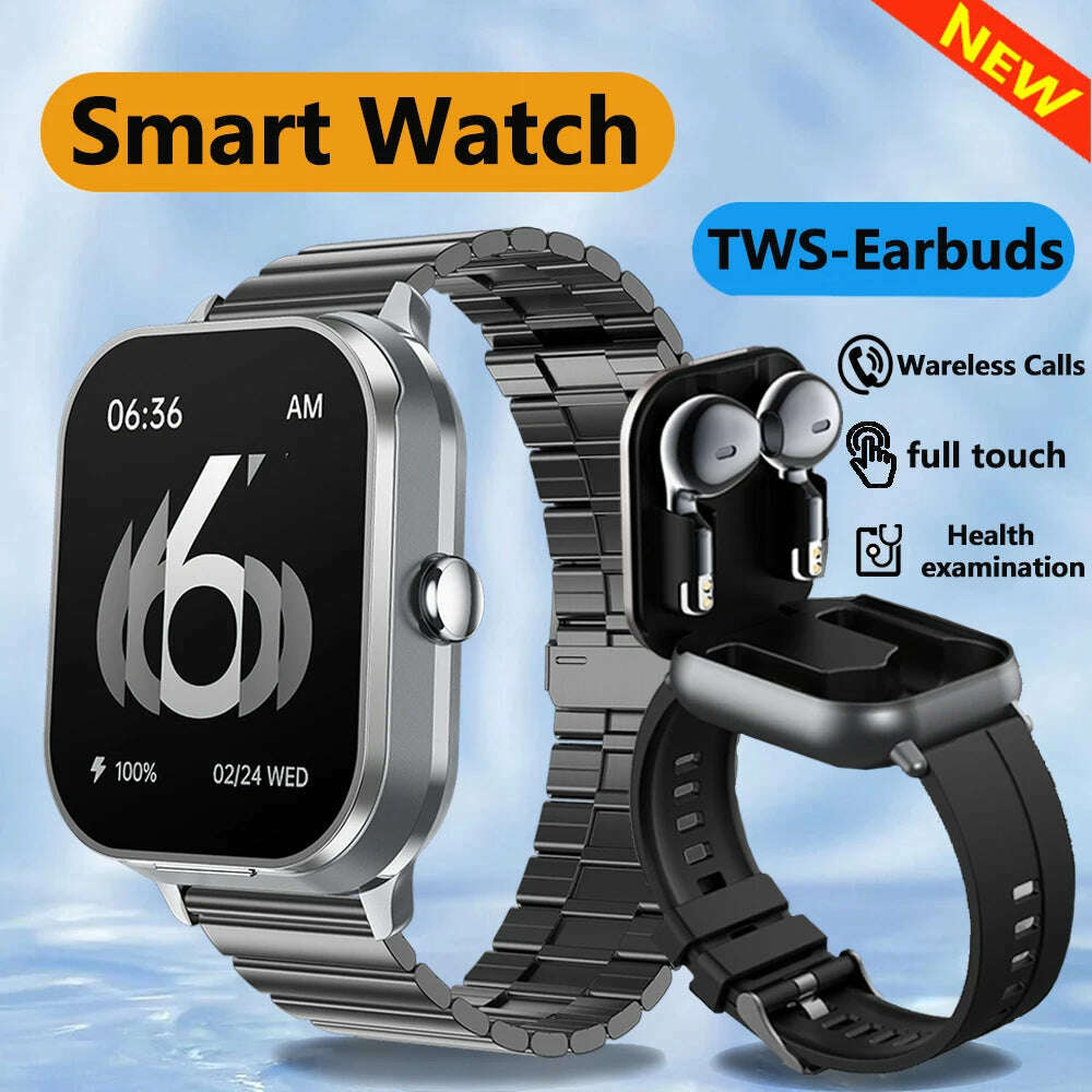 2024 NEW Headset Smart Watch TWS Two In One Wireless Bluetooth Dual Headset Call Health Blood Pressure Sport BT Music Smartwatch - KIMLUD