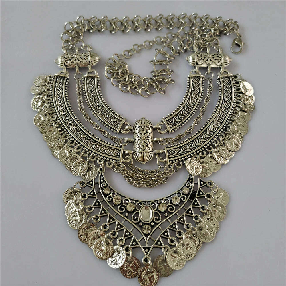 KIMLUD, 2024 New Indian Vintage Statement Coins Tassel Necklace Women Jewelry Sets Boho Baroque Retro Large Collar Necklace Bracelet Set, silver, KIMLUD APPAREL - Womens Clothes