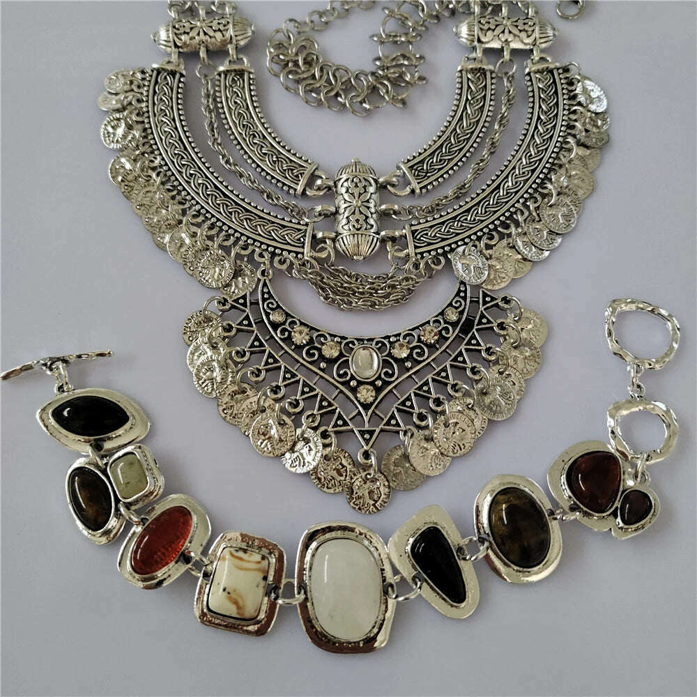 2024 New Indian Vintage Statement Coins Tassel Necklace Women Jewelry Sets Boho Baroque Retro Large Collar Necklace Bracelet Set - KIMLUD