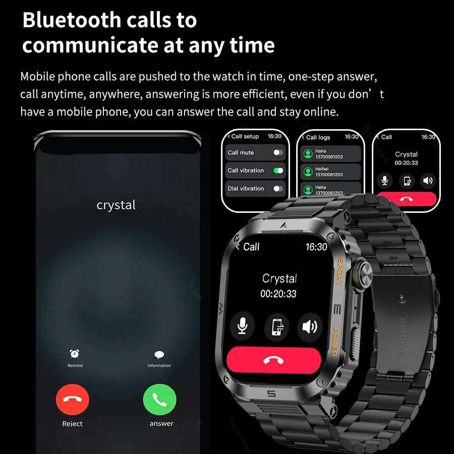 2024 NEW Outdoor Military Smart Watch 2.01 Men Bluetooth Call Smartwatch For Android IOS IP68 Waterproof Sports Fitness Watches - KIMLUD