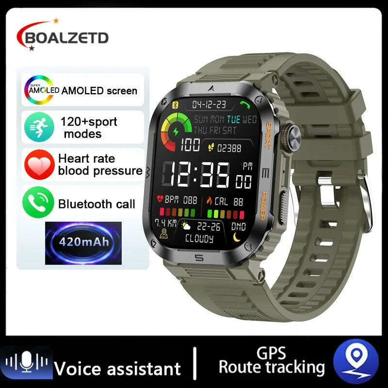 KIMLUD, 2024 NEW Outdoor Military Smart Watch 2.01 Men Bluetooth Call Smartwatch For Android IOS IP68 Waterproof Sports Fitness Watches, Green, KIMLUD Womens Clothes